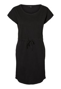 Černé šaty vyrobené z měkké látky, s kulatým výstřihem, krátkými rukávy, nastavovací šňůrkou v pase a mírně zakřiveným lemem.