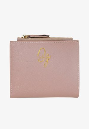 Pink textured wallet with gold logo, zip closure, and stitched detailing. Compact design with a smooth finish.