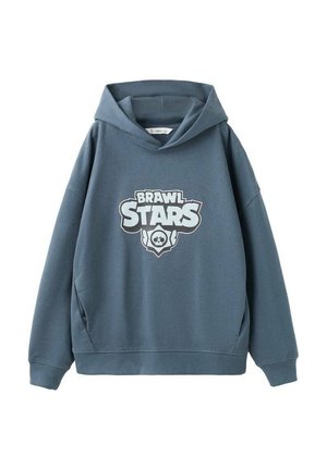 Sweat à capuche bleu ardoise, arborant un logo blanc "BRAWL STARS" bien visible. Confectionné en tissu doux avec poches latérales et poignets côtelés.