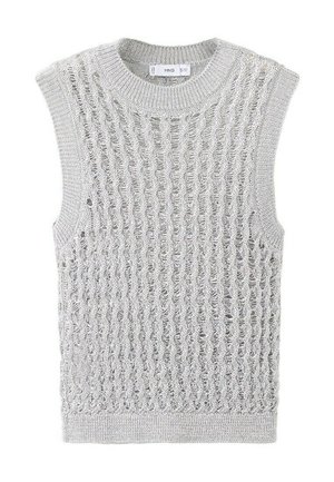Vestă tricotată fără mâneci, de culoare gri deschis, cu un model texturat cu țesătură deschisă și guler, marginile de la mâneci și tivul cu dungi.