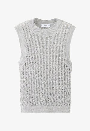 Vestă tricotată fără mâneci, de culoare gri deschis, cu un model texturat cu țesătură deschisă și guler, marginile de la mâneci și tivul cu dungi.