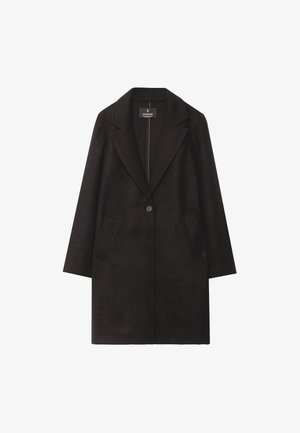 Black wool coat featuring a notched collar, single button closure, and two front pockets. Straight silhouette with long sleeves.
