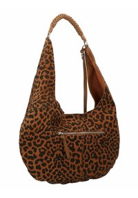 Borsa hobo in tessuto maculato marrone e nero con manico intrecciato beige, dotata di una tasca con zip frontale e forma morbida e arrotondata.