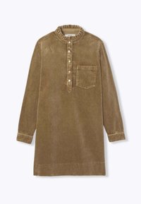 Robe chemise en velours côtelé marron avec un col à volants, patte de boutonnage à cinq boutons, poche poitrine unique, manches longues et tissu texturé.