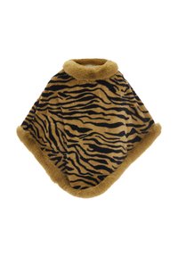 Poncho din blană cu imprimeu de tigru, cu un guler și o margine moale din blană sintetică de culoare maro. Prezintă dungi negre pe un fundal maron auriu.