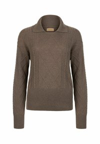 Brun stickad tröja med en ribbad krage, diamantmönster framtill och åtsittande ribbning vid ärmsluten och nederkanten. Kan tvättas i maskin.