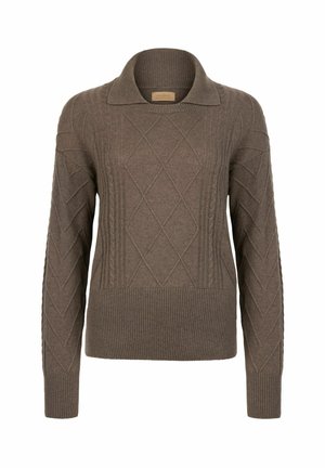 Brun stickad tröja med en ribbad krage, diamantmönster framtill och åtsittande ribbning vid ärmsluten och nederkanten. Kan tvättas i maskin.