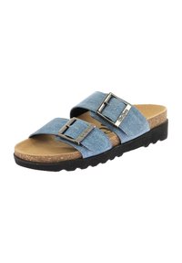 Sandali in denim con due cinturini regolabili, fibbie argentate e soletta in sughero; suola morbida marrone con grip testurizzato.