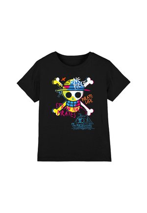 Black short-sleeve t-shirt featuring a colorful graphic with a skull and crossbones, text "One Piece," and a pirate ship illustration.