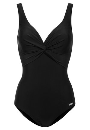 Czarny jednoczęściowy strój kąpielowy z dekoltem w kształcie litery V, skręconym przodem, szerokimi ramiączkami i gładkim, elastycznym materiałem. Bez widocznych wzorów ani elementów hardware.