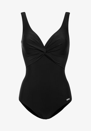 Black one-piece swimsuit with a v-neckline, twisted front design, wide straps, and smooth, stretchy fabric. No visible patterns or hardware.