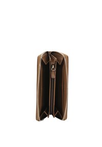 Brown leather wallet with a zip closure, featuring multiple card slots and compartments, smooth texture, and silver-toned hardware.