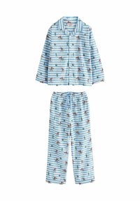 Blauw gestreept pyjama set met lange mouwen en broek, voorzien van een cowboy- en cactusprint. Het materiaal lijkt zacht met een gladde textuur.