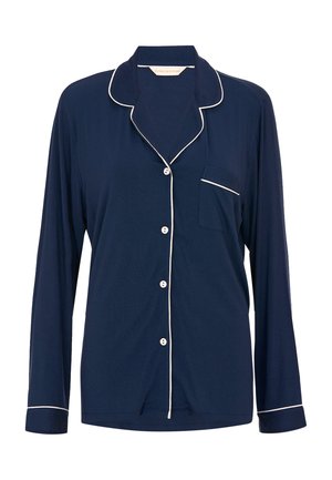 Donkerblauwe lange mouwen knoopsluiting pyjamashirt met witte bies langs de kraag, manchetten en zak, gemaakt van zachte stof.