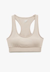 Beige sports-bh i glat, strækbart stof. Har en scoop-udskæring, racerback-design og en bred underdel for støtte.