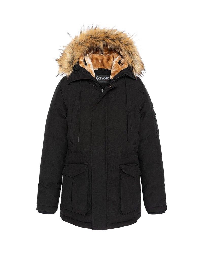 Parka negra de invierno con capucha forrada de piel, interior de felpa color beige, bolsillos delanteros y cierre de cremallera. Cuenta con puños elásticos y cordones ajustables.