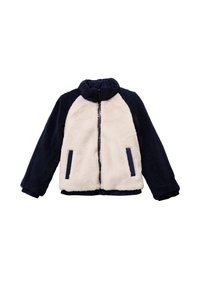 Chaqueta de forro polar con un esquema de colores azul marino y crema, que presenta un cuello alto, cierre de cremallera y dos bolsillos laterales.