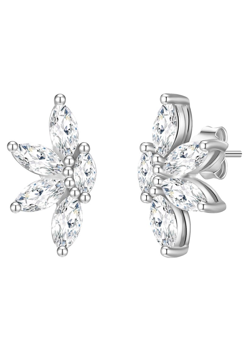 Sudraba auskaru tapināšana ar ziedu dizainu, kas izrotāts ar marquise formas caurspīdīgām akmenīm un teksturētu metāla akcentu, radot mirdzošu efektu.