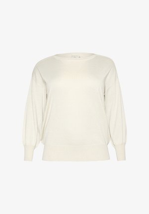 Kreemivärvi pikkade varrukatega kampsun, mis on valmistatud pehmest kudumaterjalist, ümarate kaelustega ja volditud puhvvarrukatega. Alt ribakootud serv.