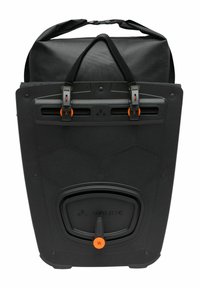 Zaino impermeabile nero con design a roll-top, dotato di spallacci regolabili, dettagli arancioni e una valvola circolare alla base.