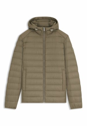 Padded jacket in olive green with a zip closure, hood, and side pockets. Features a smooth texture and subtle sheen.
