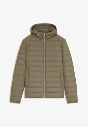 Gesteppten Jacke in olivgrün mit Reißverschluss, Kapuze und Seitentaschen. Sie hat eine glatte Textur und einen dezenten Glanz.