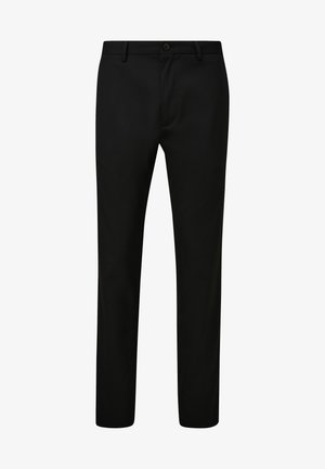 Schwarze Hose aus glattem Stoff, mit geradem Bein, vorderem Knopfverschluss und zwei Seitentaschen. Minimalistischer Stil.