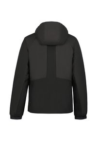 Musta eristetty takki, jossa huppu, rakenteelliset paneelit selässä ja joustavat hihansuut mukavan istuvuuden takaamiseksi. Suora pinta ja tyylikäs muotoilu.