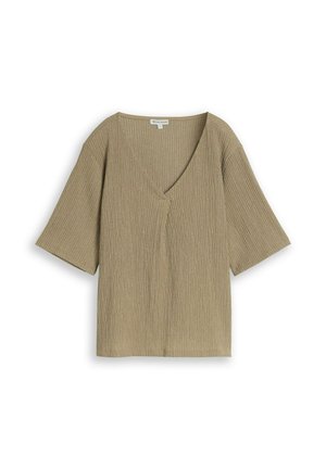 TOM TAILOR, TOM TAILOR T-SHIRT CRINKLE T-SHIRT MIT V-AUSSCHNITT - T-shirt basic - olive white structure