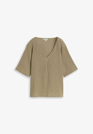 TOM TAILOR, TOM TAILOR T-SHIRT CRINKLE T-SHIRT MIT V-AUSSCHNITT - T-shirt basic - olive white structure