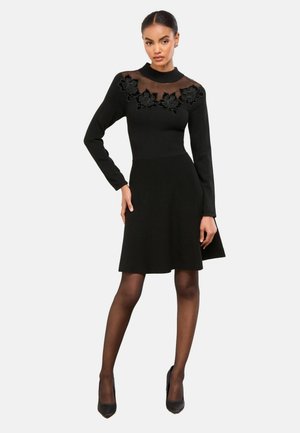 Schwarzes Kleid mit langen Ärmeln, tailliertem Oberteil und ausgestelltem Rock. Verfügt über einen Mesh-Ausschnitt mit floraler Stickerei und einer glatten Textur.