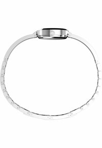 Montre en métal argenté avec un boîtier circulaire et un bracelet à maillons. Texture lisse avec une finition polie et un cadran noir rond.
