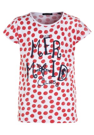 T-shirt blanc à manches courtes avec des pois rouges et le texte bleu marine « little MERMAID CLUB » avec un motif d'étoile de mer et d'ancre devant.