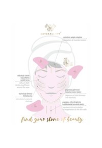 Des outils de massage en cristal rose sont illustrés sur un schéma facial, soulignant des bienfaits tels que le drainage lymphatique et l'amélioration de l'élasticité de la peau.