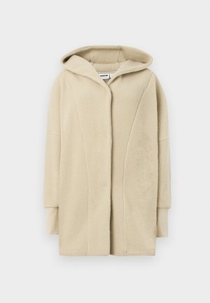 Beige fleece coat with a hood, featuring a front button closure, side pockets, and soft textured fabric for warmth.
