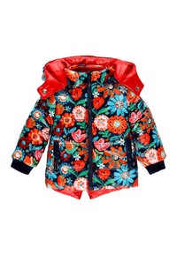 Gevoerde jas met een marineblauw bloemenpatroon en rode accenten. Hoge kraag, rits aan de voorkant en geribbelde manchetten zorgen voor warmte.