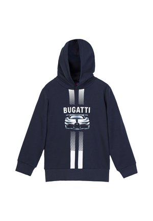 Felpa con cappuccio blu navy con strisce a quadretti bianche verticali, con logo Bugatti e grafica di un'auto sportiva sul davanti.