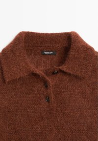 Bruine gebreide trui met een kraag, voorzien van drie zwarte knopen en een gestructureerde afwerking. Het label leest "Massimo Dutti, gemaakt in Italië."