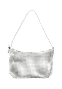 Torba w wzór houndstooth w czerni i bieli z srebrzystym połyskiem. Posiada zamek błyskawiczny i cienki pasek na ramię. Gładka faktura.