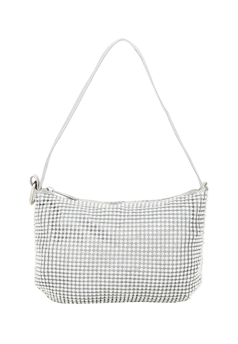 Torba w wzór houndstooth w czerni i bieli z srebrzystym połyskiem. Posiada zamek błyskawiczny i cienki pasek na ramię. Gładka faktura.