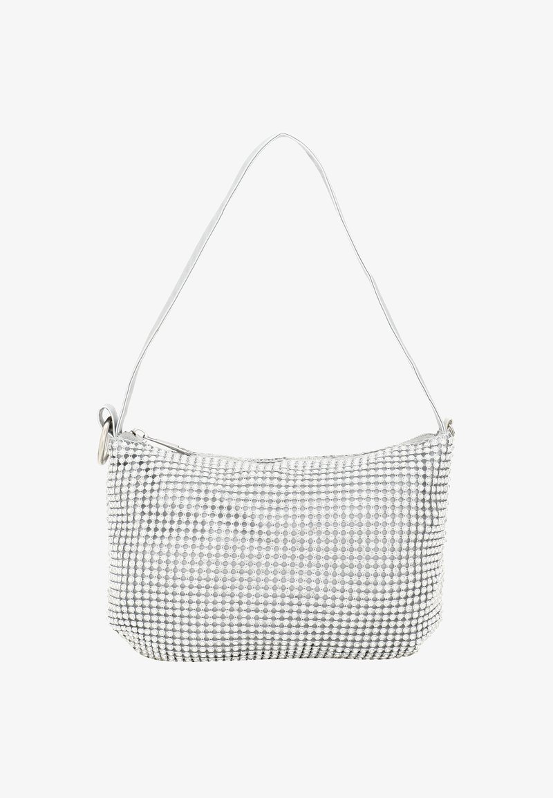 Torba w wzór houndstooth w czerni i bieli z srebrzystym połyskiem. Posiada zamek błyskawiczny i cienki pasek na ramię. Gładka faktura.