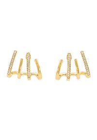 Boucles d'oreilles en métal doré présentant trois rangées courbes, chacune ornée de petites pierres précieuses transparentes pour un détail visuel et une texture.
