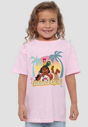 Pink cotton t-shirt featuring a cartoon design with a girl and a pig, accented by palm trees and the text "Island Girl" in yellow.