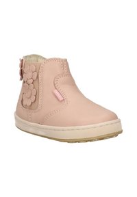 Stivaletto alla caviglia in pelle rosa con decorazioni floreali sul lato, pannello elastico per una facile calzata e suola in gomma per trazione.