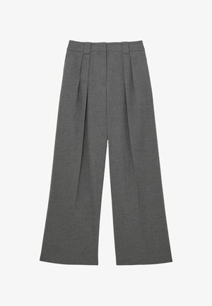 Šedé kalhoty s širokými nohavicemi vyrobené z texturovaného materiálu, se sklady vpředu, vysokým pasem a čistým, rovný siluetou.
