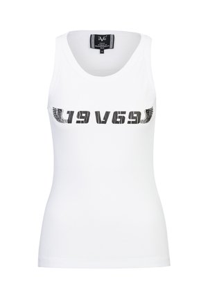 Weißes, geripptes Tanktop mit schwarzem "19 V 69" Schriftzug und Flügel-Designs auf der Vorderseite, Größe S, ärmellos mit rundem Ausschnitt.