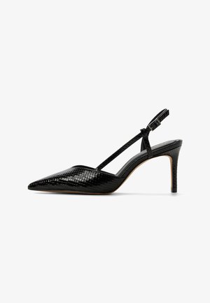 Black patent leather pointed-toe slingback pump with thin ankle strap and mid-height stiletto heel, textured finish.