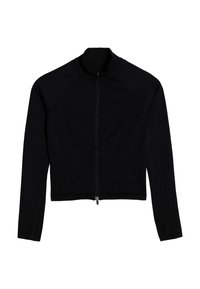 Veste noire courte avec manches longues, col haut, fermeture éclair sur le devant et détails côtelés aux poignets et à l'ourlet.