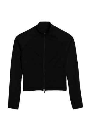 Zwarte cropped jacket met lange mouwen, een hoge kraag, een volledige ritssluiting aan de voorkant en ribbeldetails aan de manchetten en de zoom.