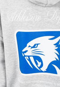 Grauer Kapuzenpullover mit weißem, kursivem Text "Athleisure Dept" und einem blauen rechteckigen Logo mit dem Gesicht eines brüllenden Säbelzahntigers.